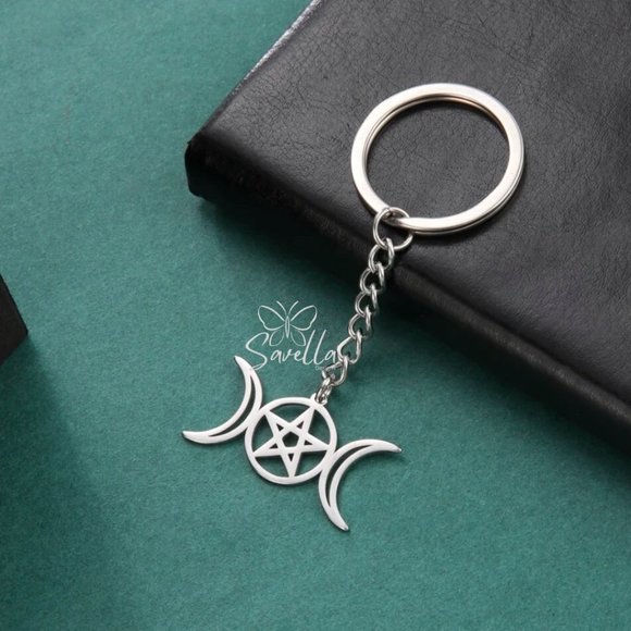 Stainless Steel Pagan Triple Moon Star Key Chain Silver - Picture 3 of 5